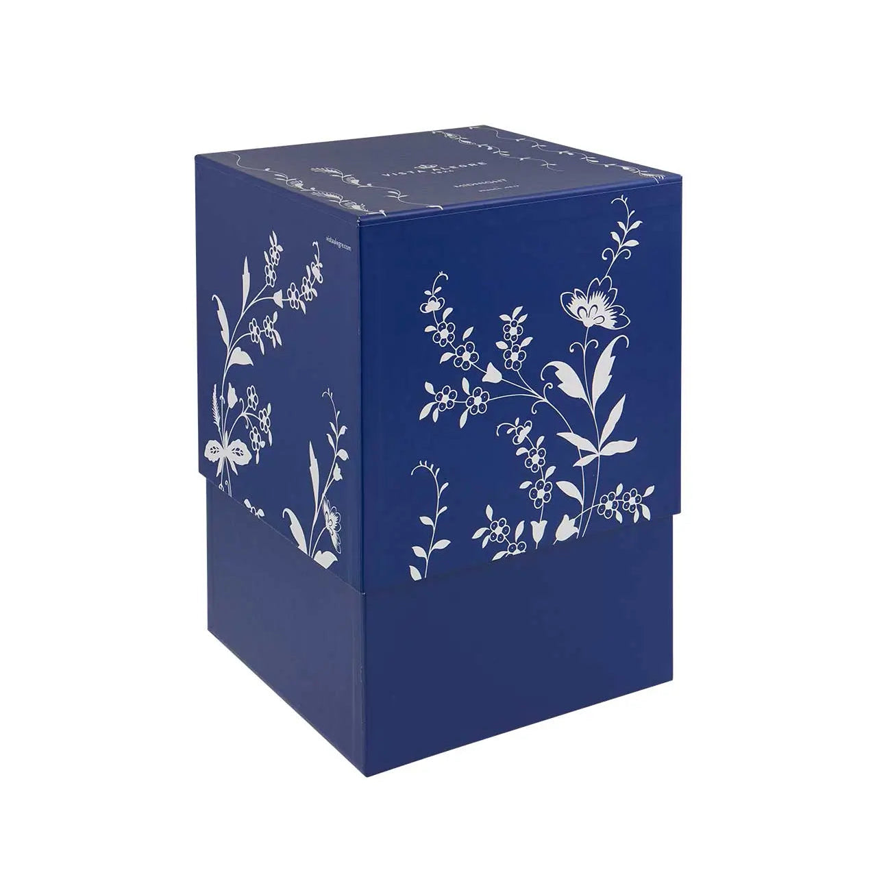 Blue box with white floral patterns on a white background