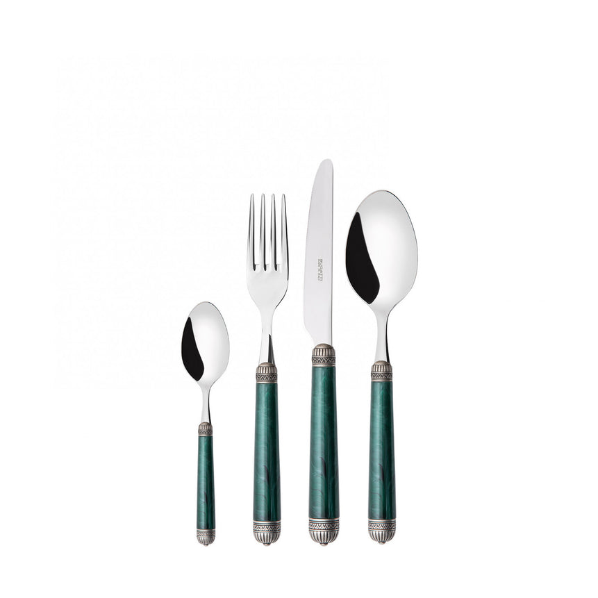 طقم دوريكو بحلقة مطلية بالفضة العتيقة – 75 قطعة – لون أخضر رخامي – صندوق خشب وينجي