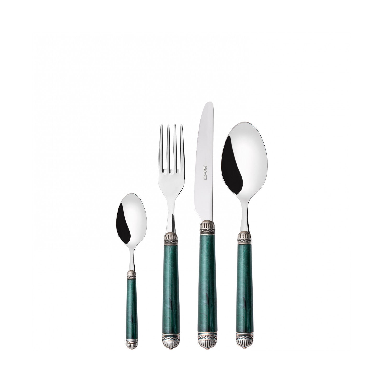 طقم دوريكو بحلقة مطلية بالفضة العتيقة – 75 قطعة – لون أخضر رخامي – صندوق خشب وينجي