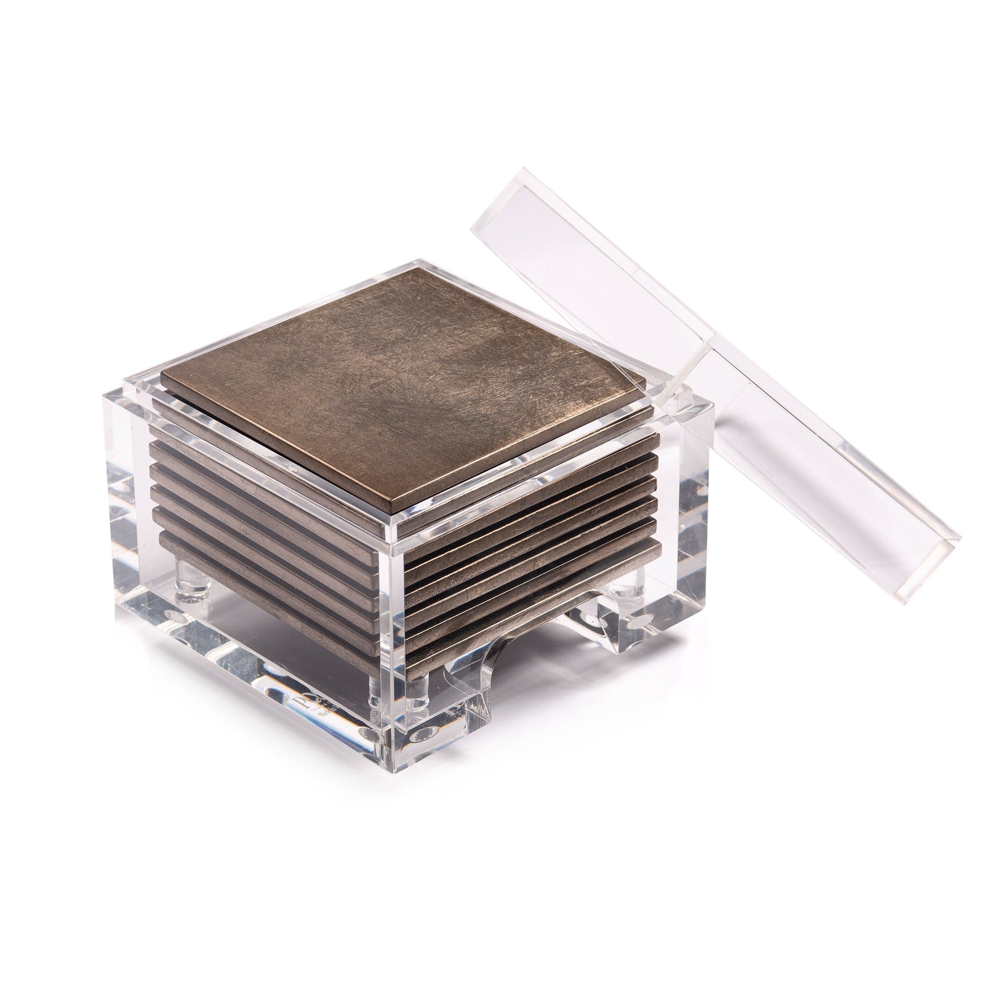 Set of square coasters with a metal finish in a clear acrylic holder on a white background