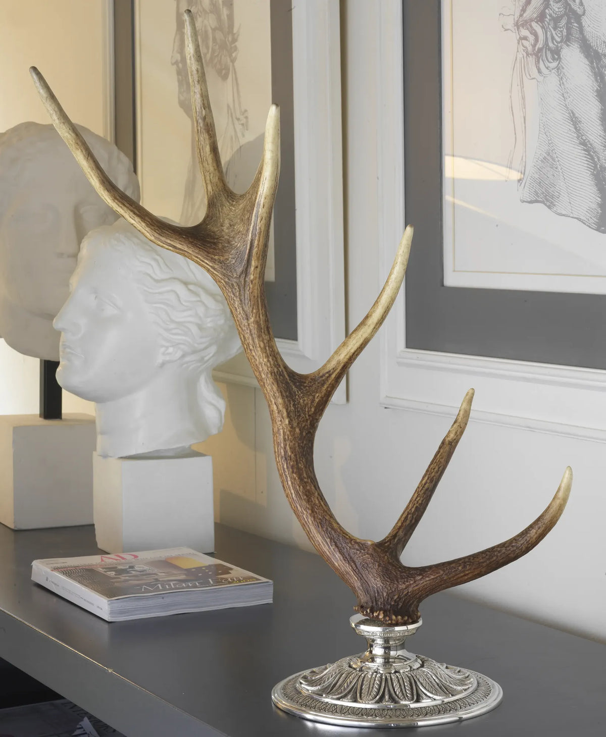 Natural Antler on Ornate Silver-Plated Base by Petri Firenze - Main View