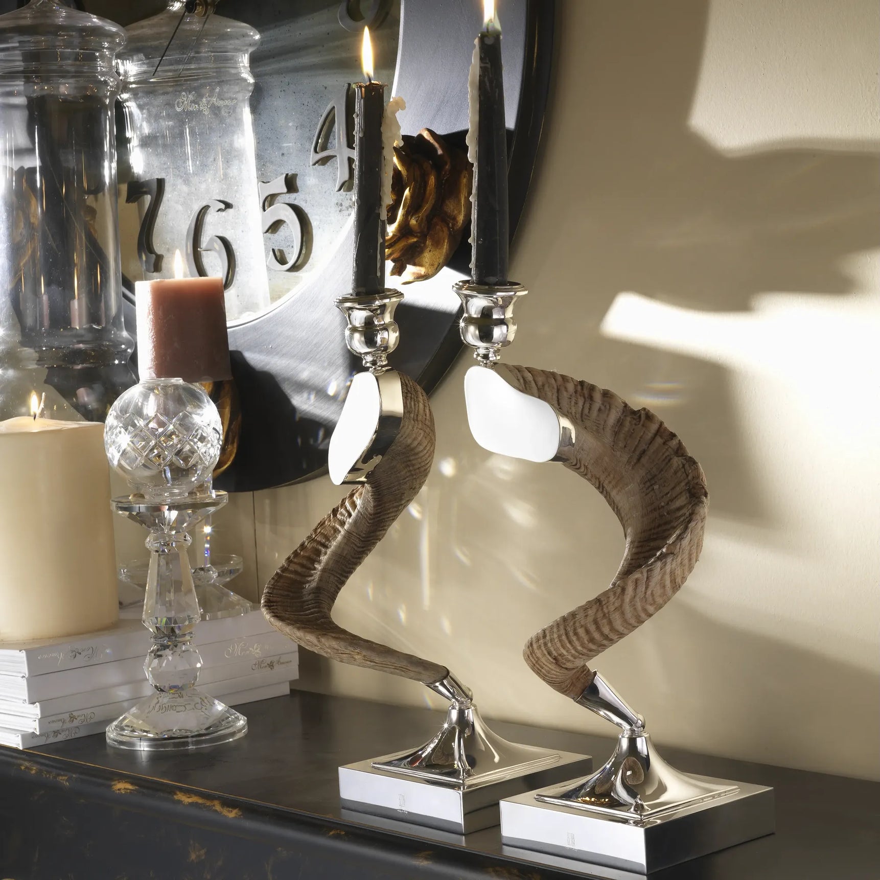 Pair of Natural Horn Candlesticks with Silver-Plated Base