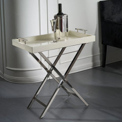 White Lacquered Tray with Natural Horn Handles and Nickel-Plated Stand