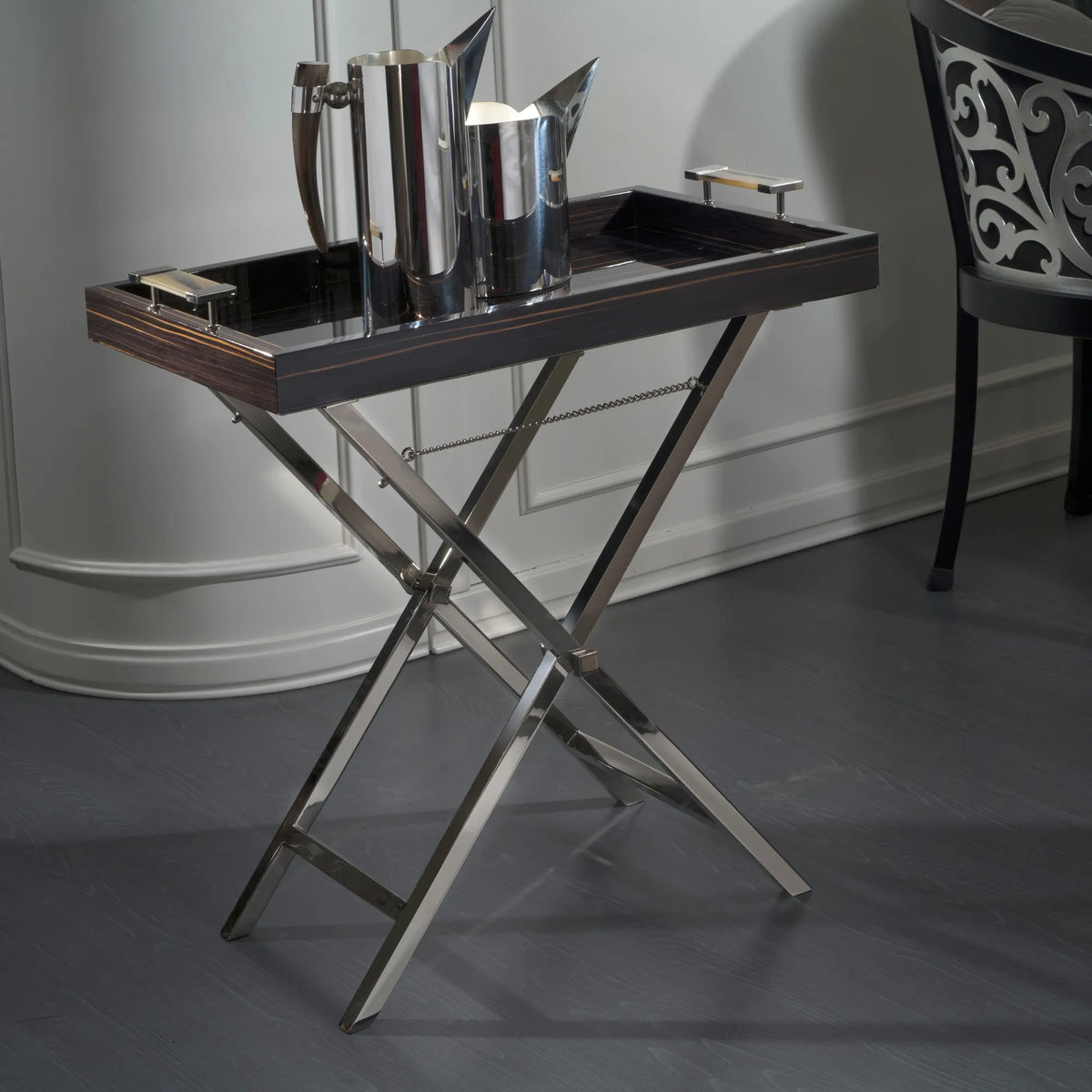 Macassar Ebony Tray with Natural Horn Handles and Nickel-Plated Stand