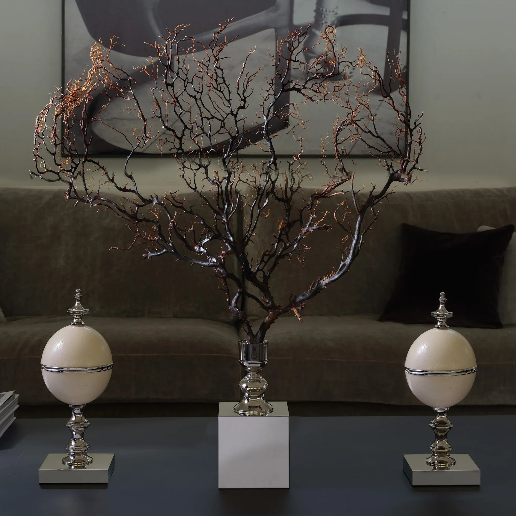 Natural Gorgonia Coral Sculpture on Nickel-Plated Base
