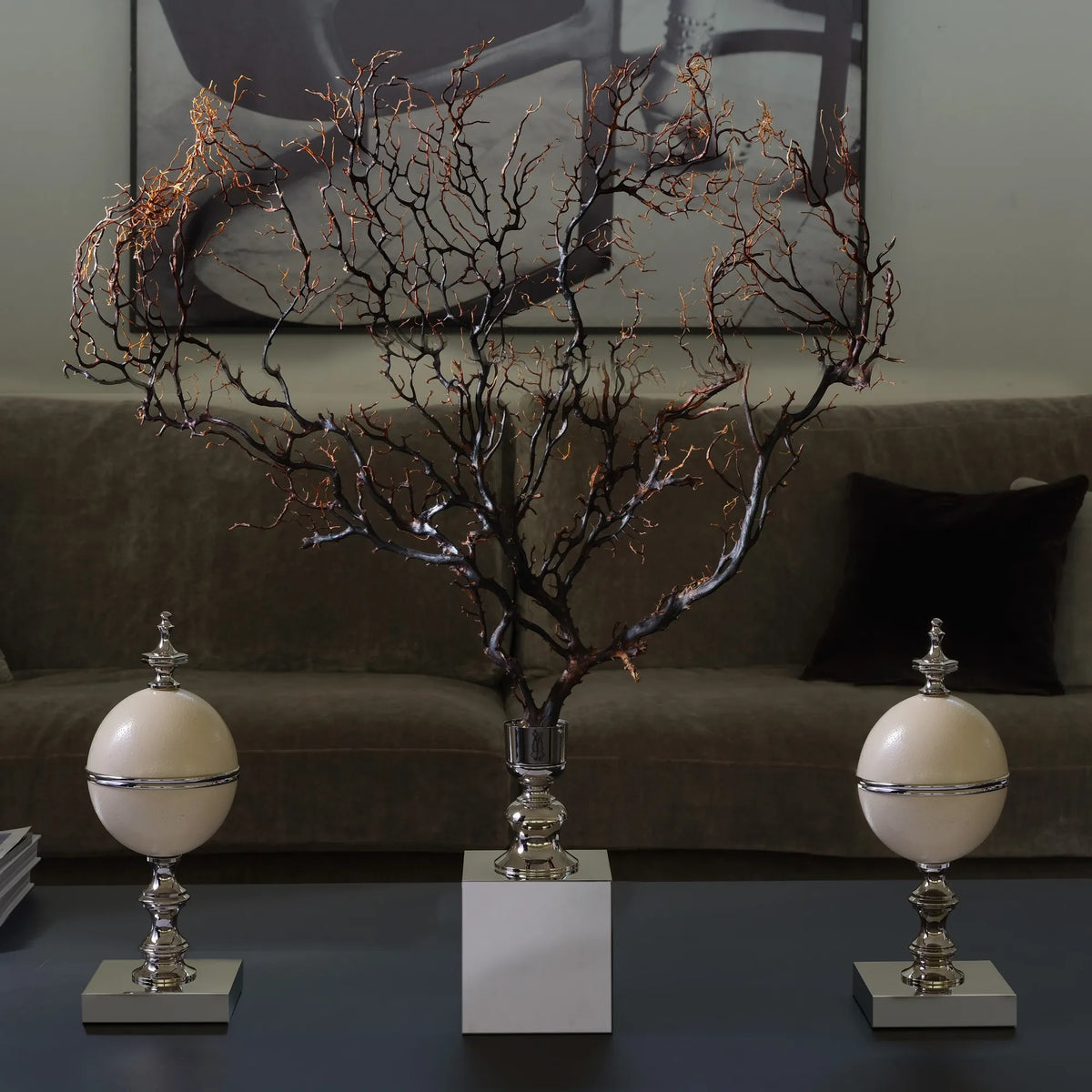 Natural Gorgonia Coral Sculpture on Nickel-Plated Base