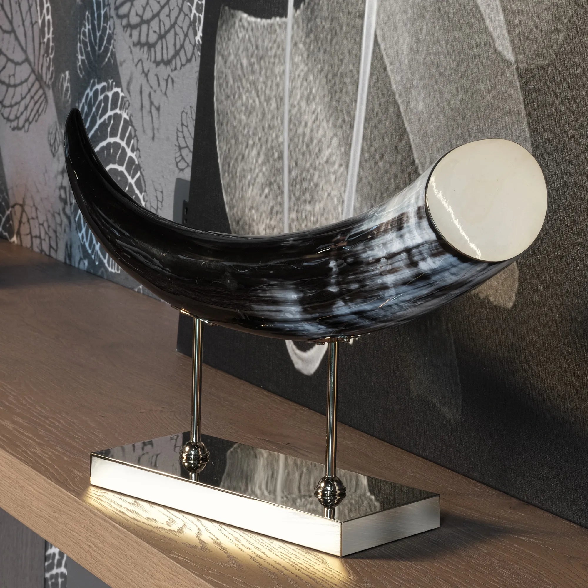 Horizontal Natural Horn Decor on Nickel-Plated Base