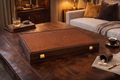 Premium Handcrafted Knitted Leather Backgammon Set in Brown by Manopoulos - Close-up