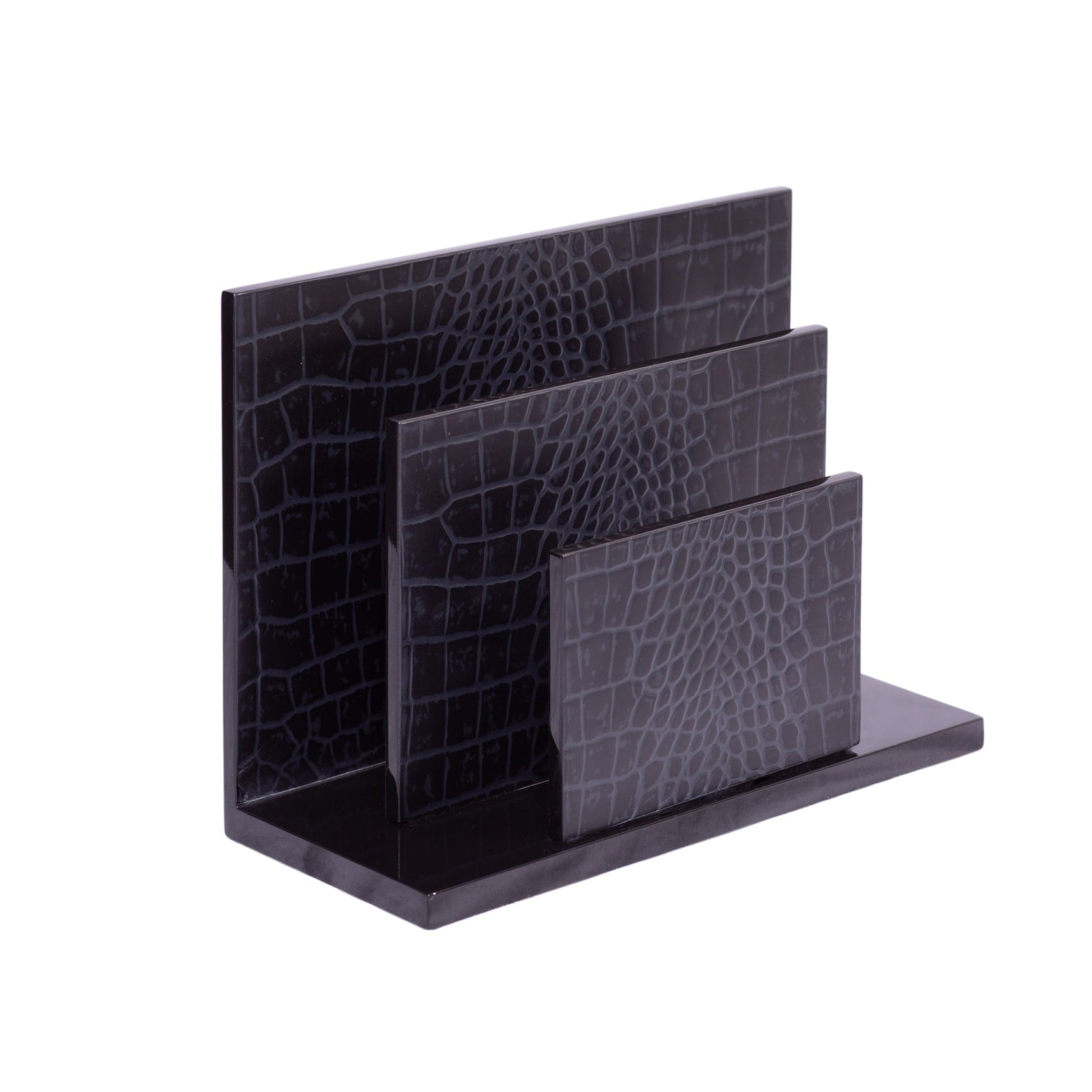 Black crocodile-patterned desk organizer on a white background