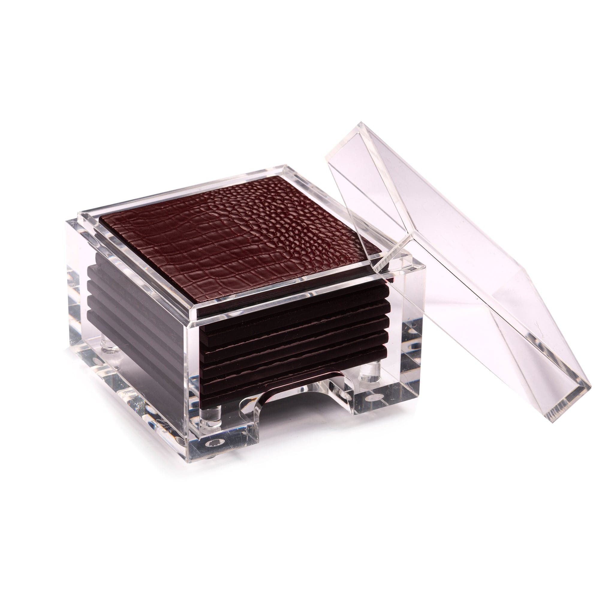 Square container with brown textured top and clear lid on a white background