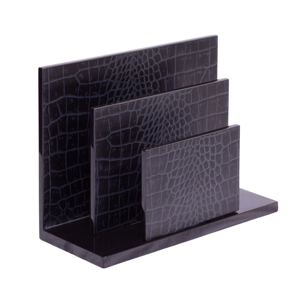 Black crocodile-patterned desk organizer with three compartments on a white background