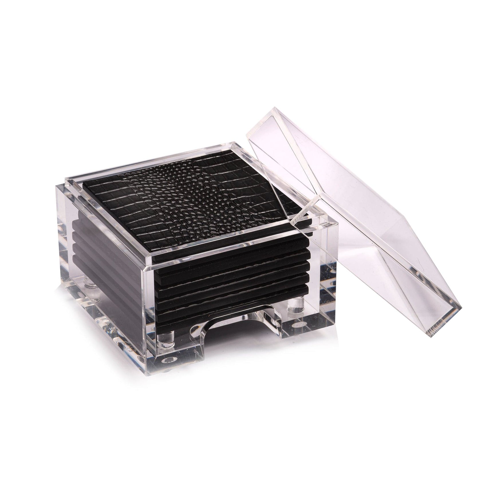 Black electronic component with clear plastic cover on a white background