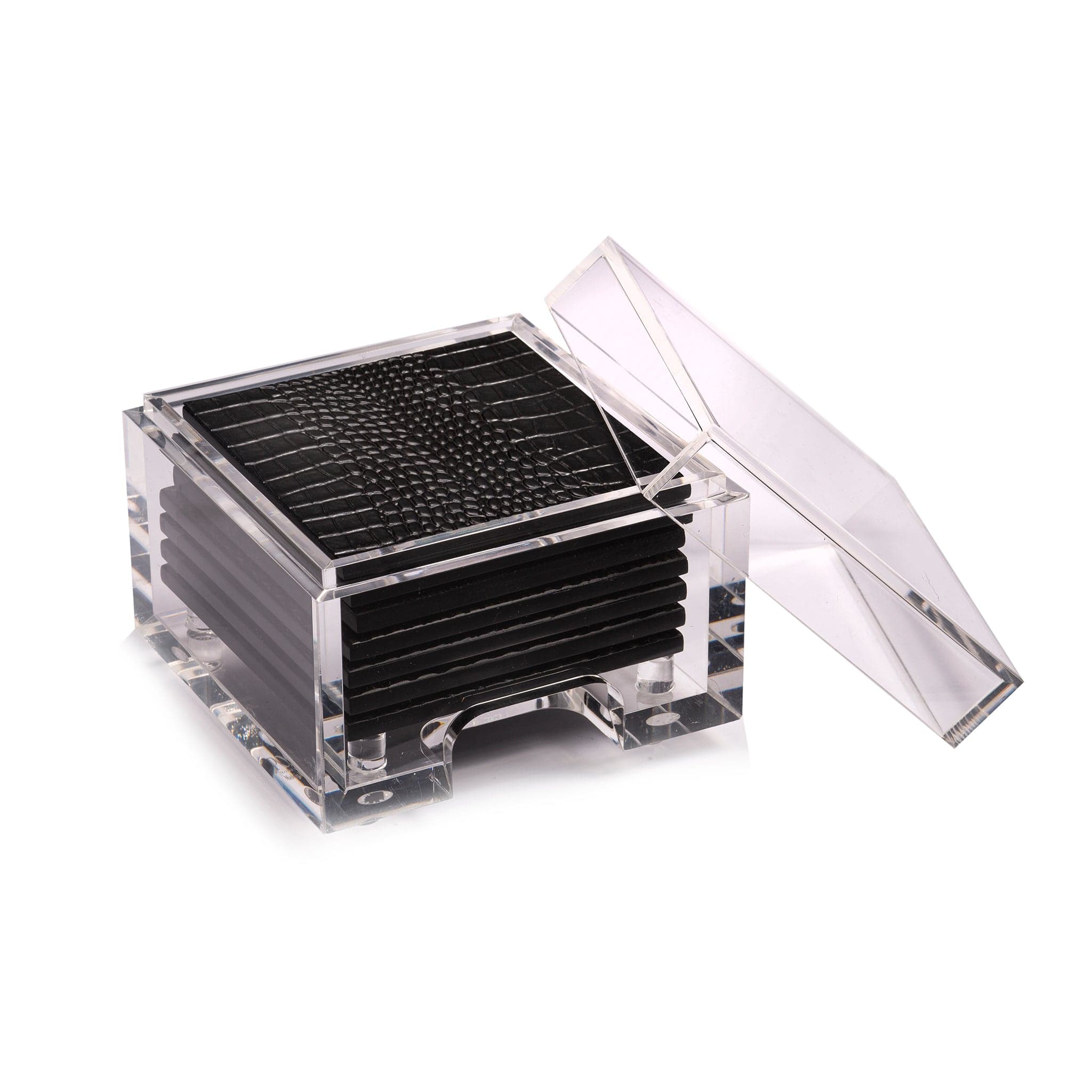 Black electronic component with clear plastic cover on a white background