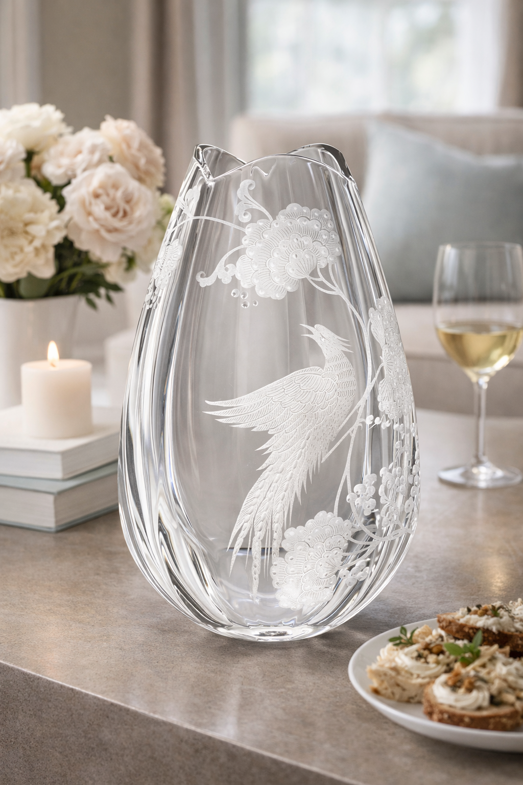 Blue Bird Engraved Crystal Vase by Vista Alegre - Main View