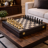 Luxury Leather Chess Set with Brass and Pewter Finish Chessmen by Manopoulos - Main View