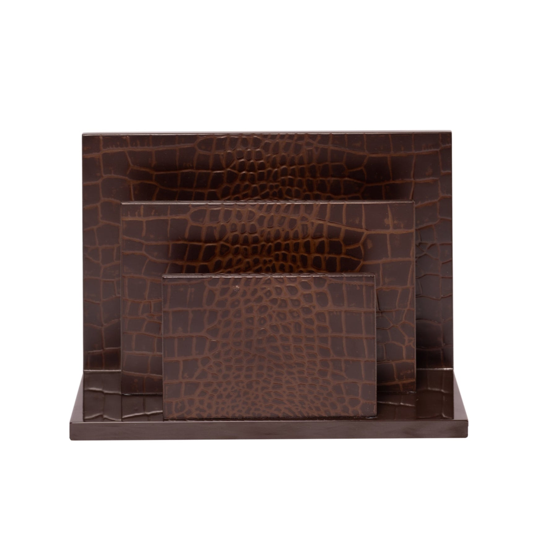 Brown crocodile-patterned leather wallet on a white background