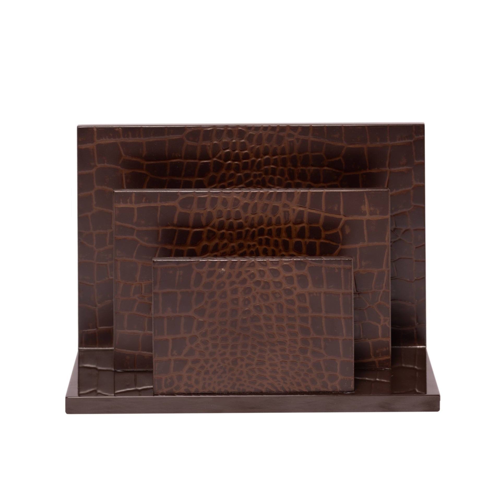 Brown crocodile-patterned leather wallet on a white background