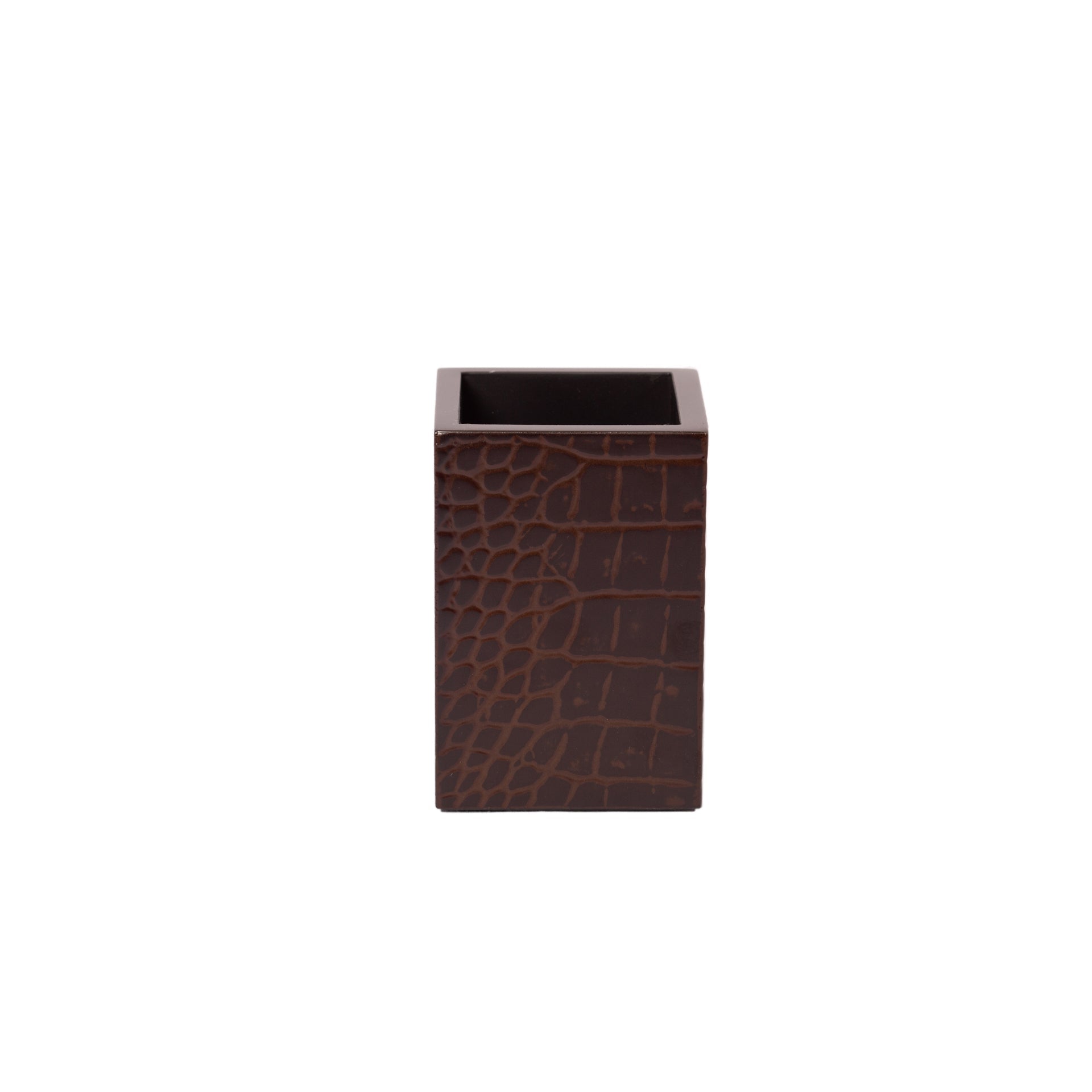 Brown crocodile-patterned square container on a white background
