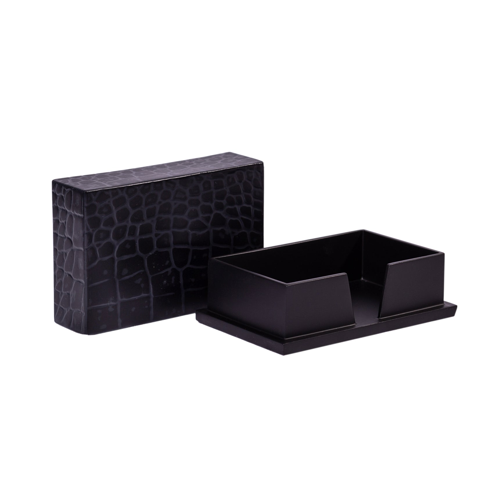 Black crocodile-patterned desk organizer on a white background
