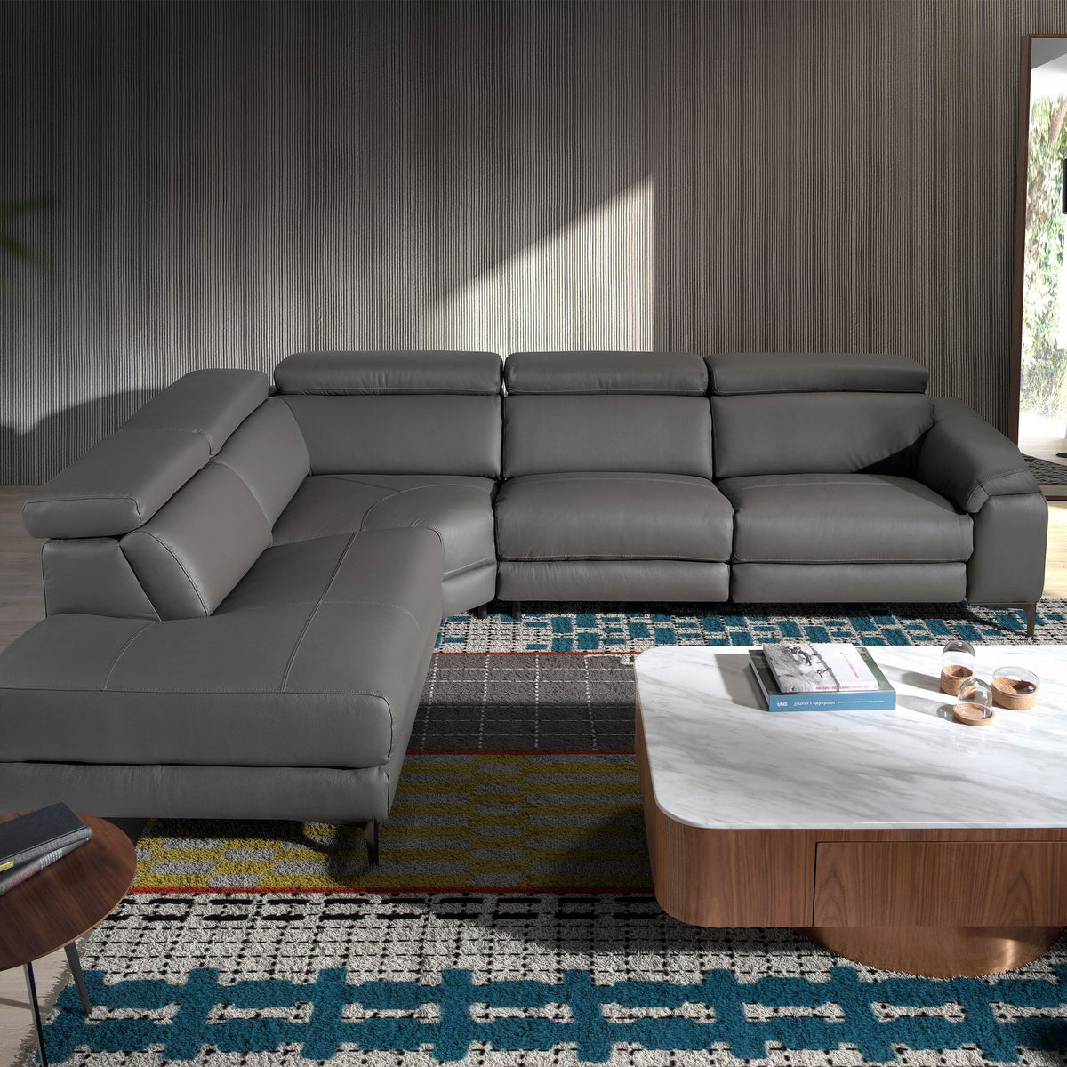 Left chaise longue relaxation sofa in dark grey leather