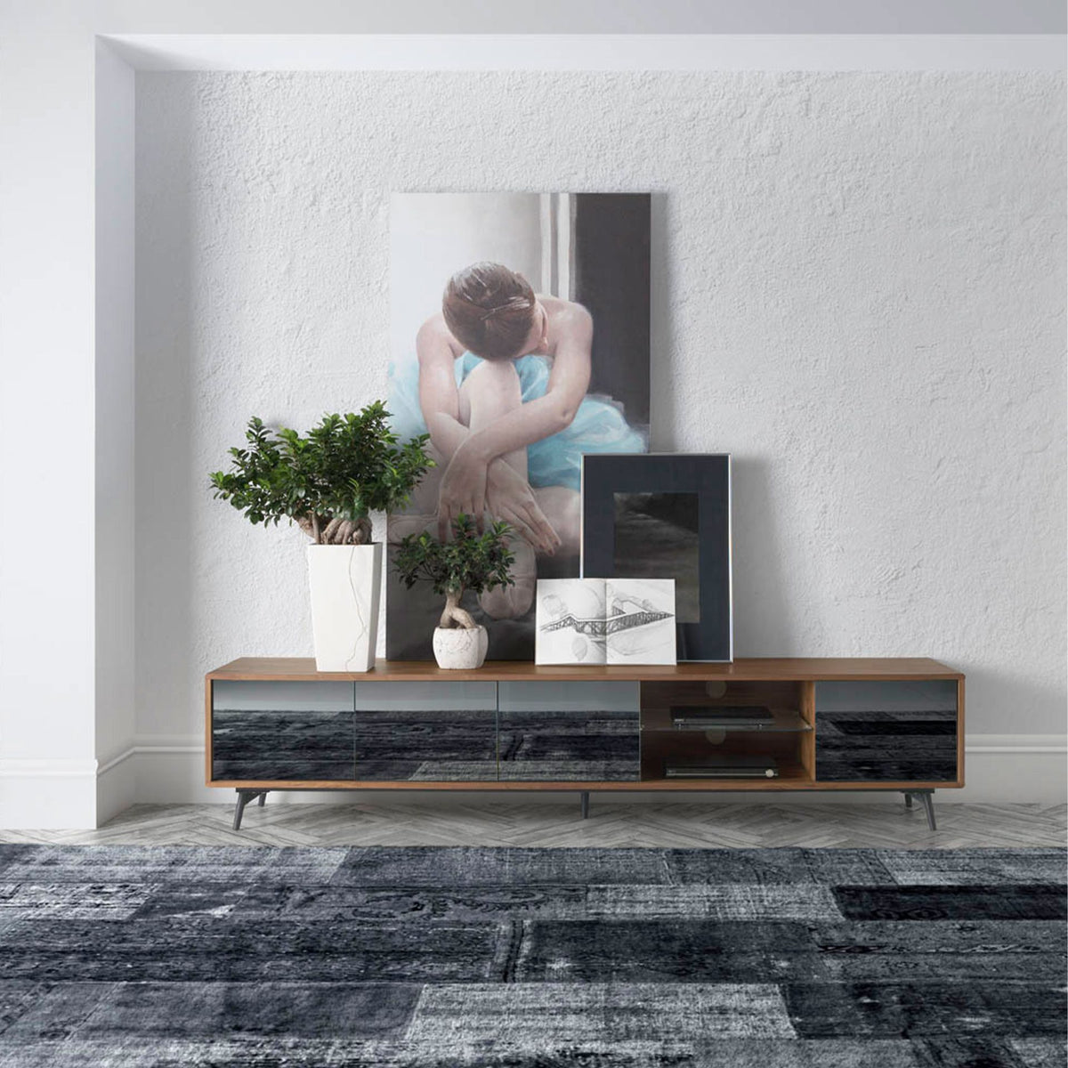 Mirror effect black glass, walnut and black steel TV unit
