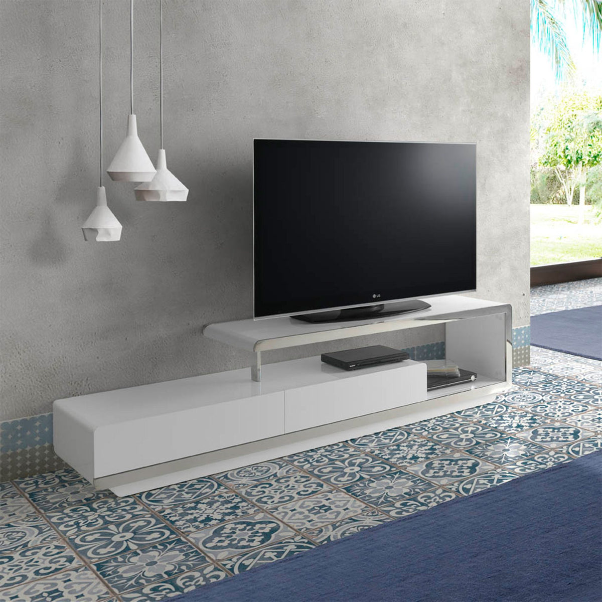 White wooden TV stand with chromed steel base and chromed steel base