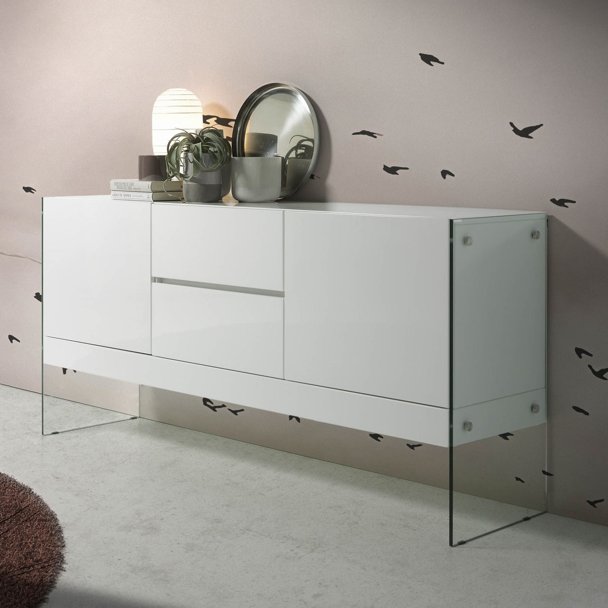 White wood and tempered glass sideboard