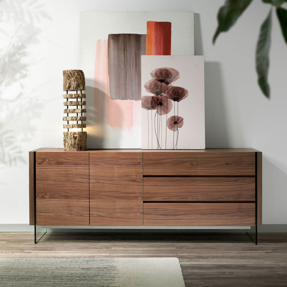 Walnut and tempered glass sideboard