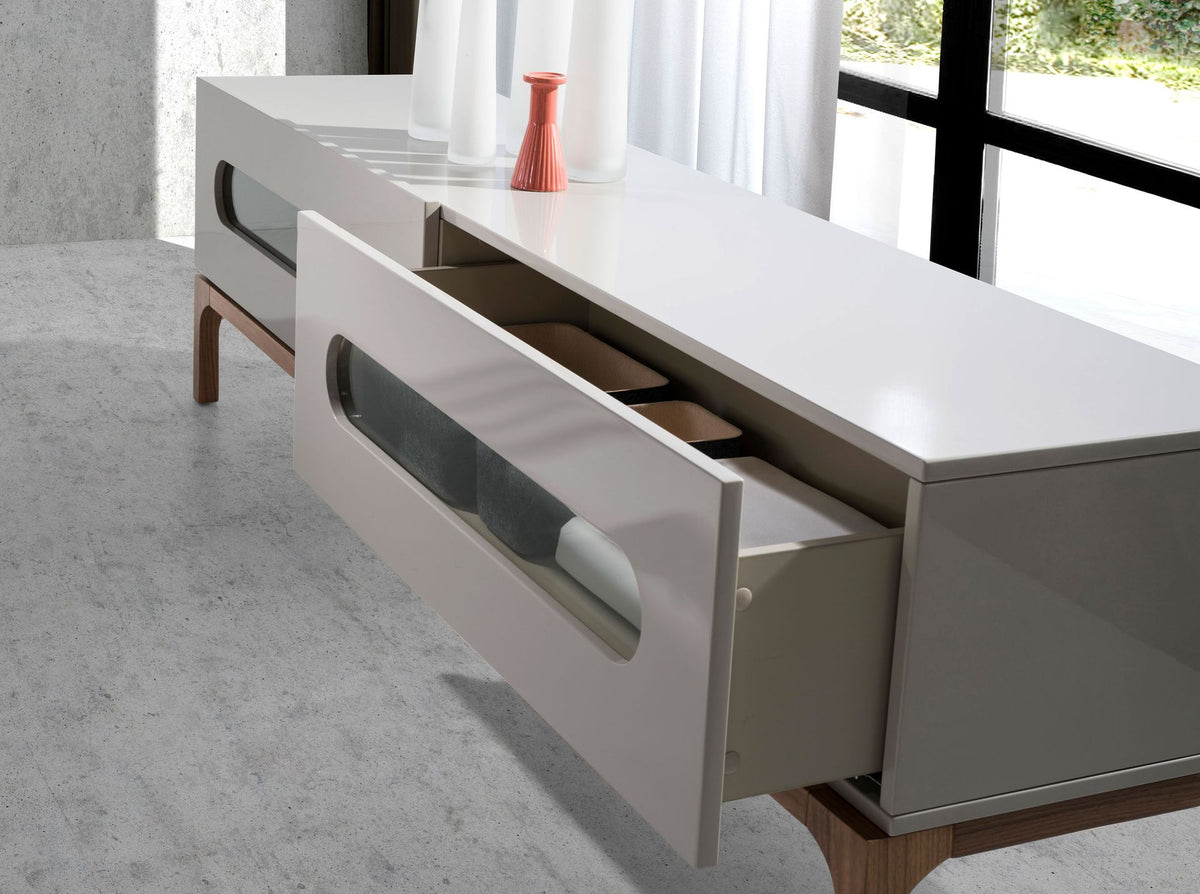 Grey and walnut wood TV stand with interior lighting