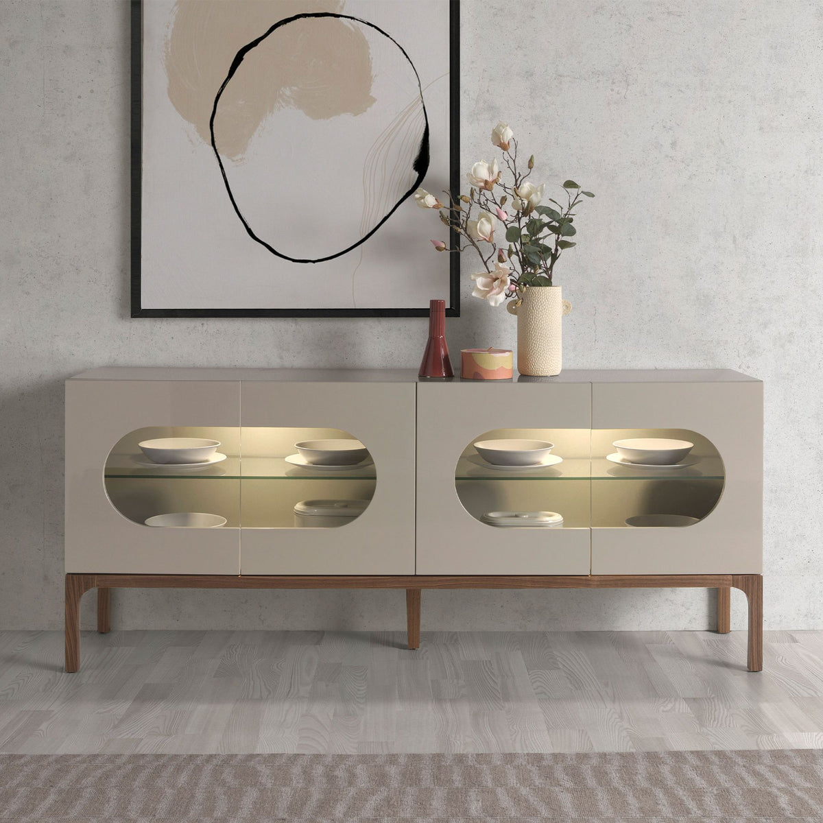 Grey and walnut wood sideboard with interior lighting
