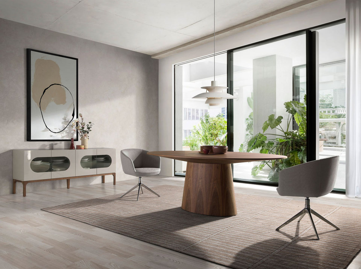 Grey and walnut wood sideboard with interior lighting