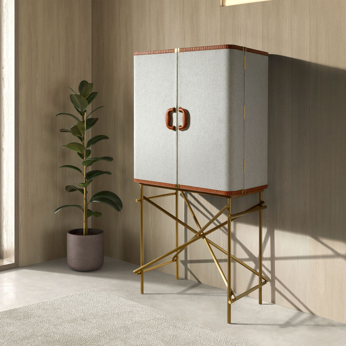 Hill sideboard in fabric, walnut and golden polished steel