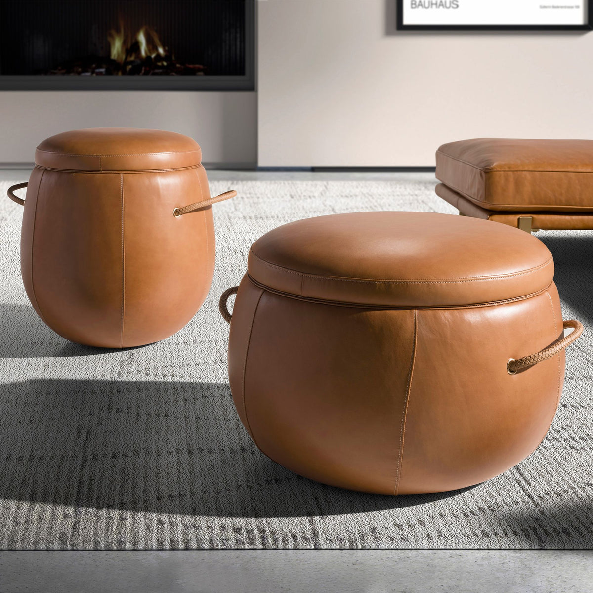 Camel leather pouffe