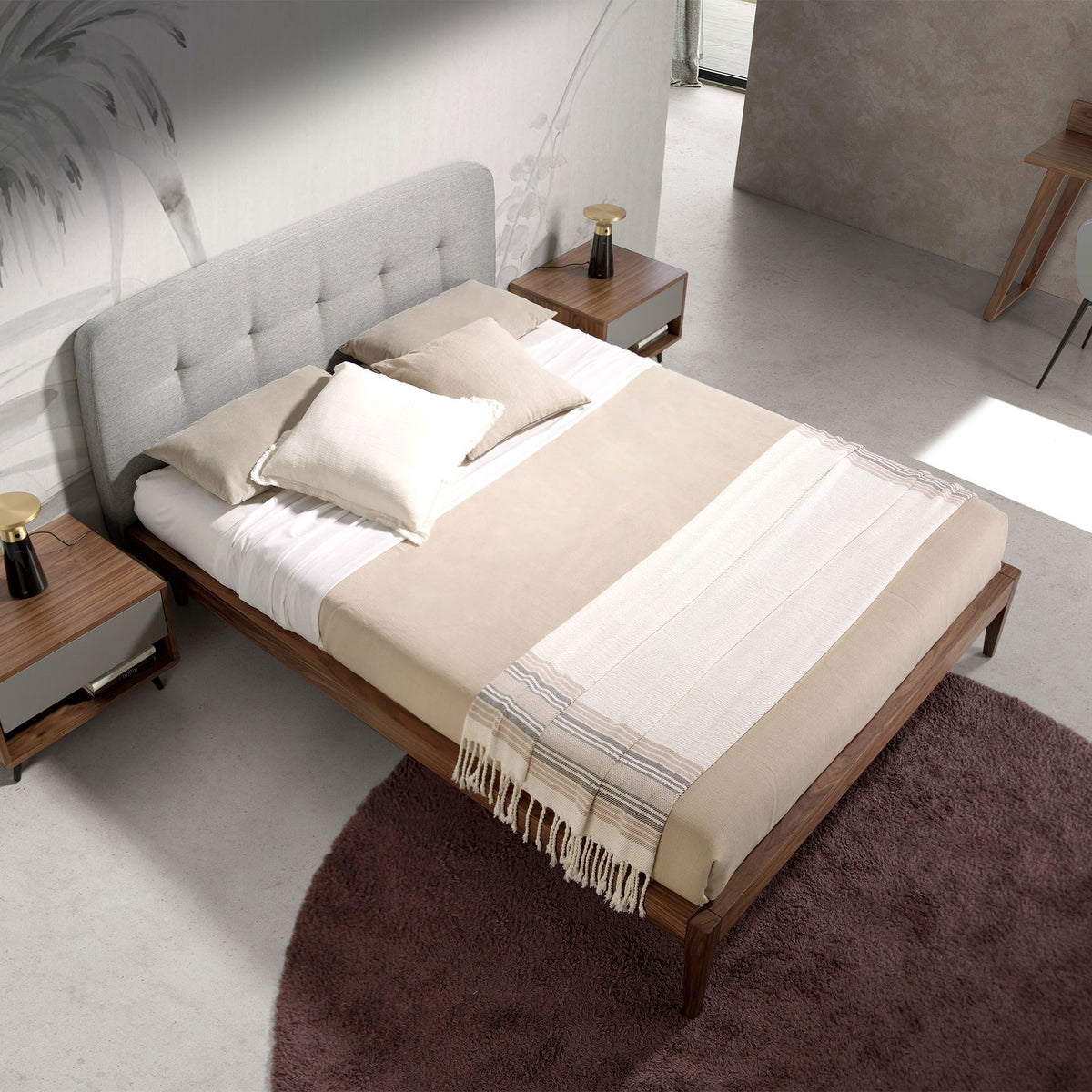 Grey fabric tufted bed