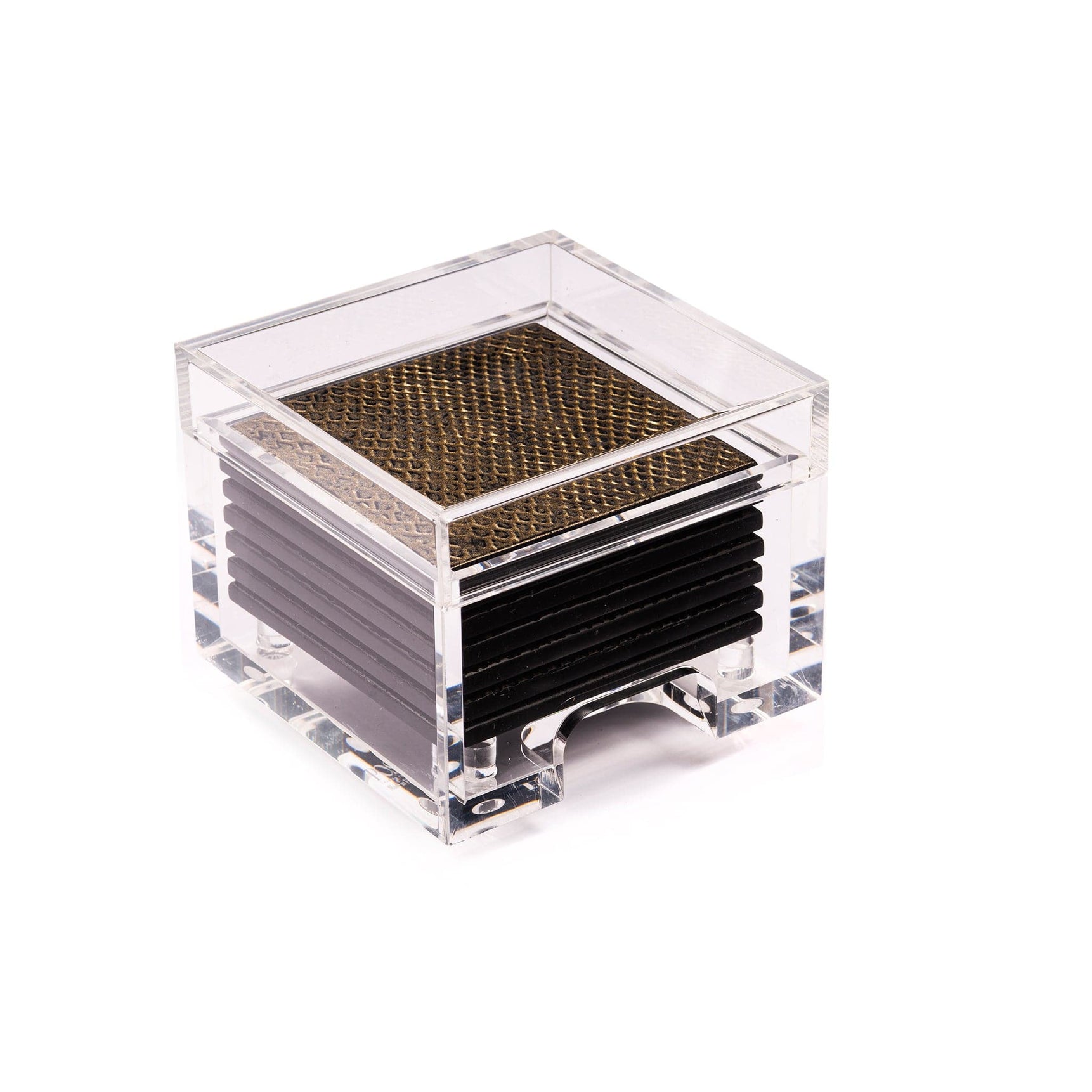 Clear acrylic coaster set with woven texture in a square holder on a white background