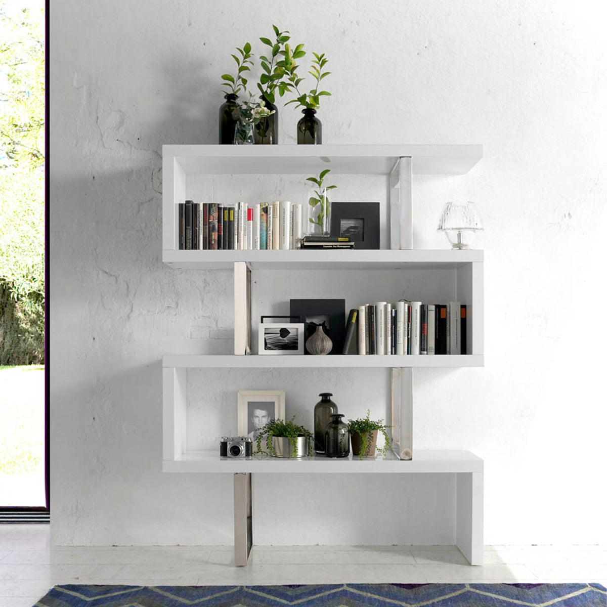 White and steel shelving