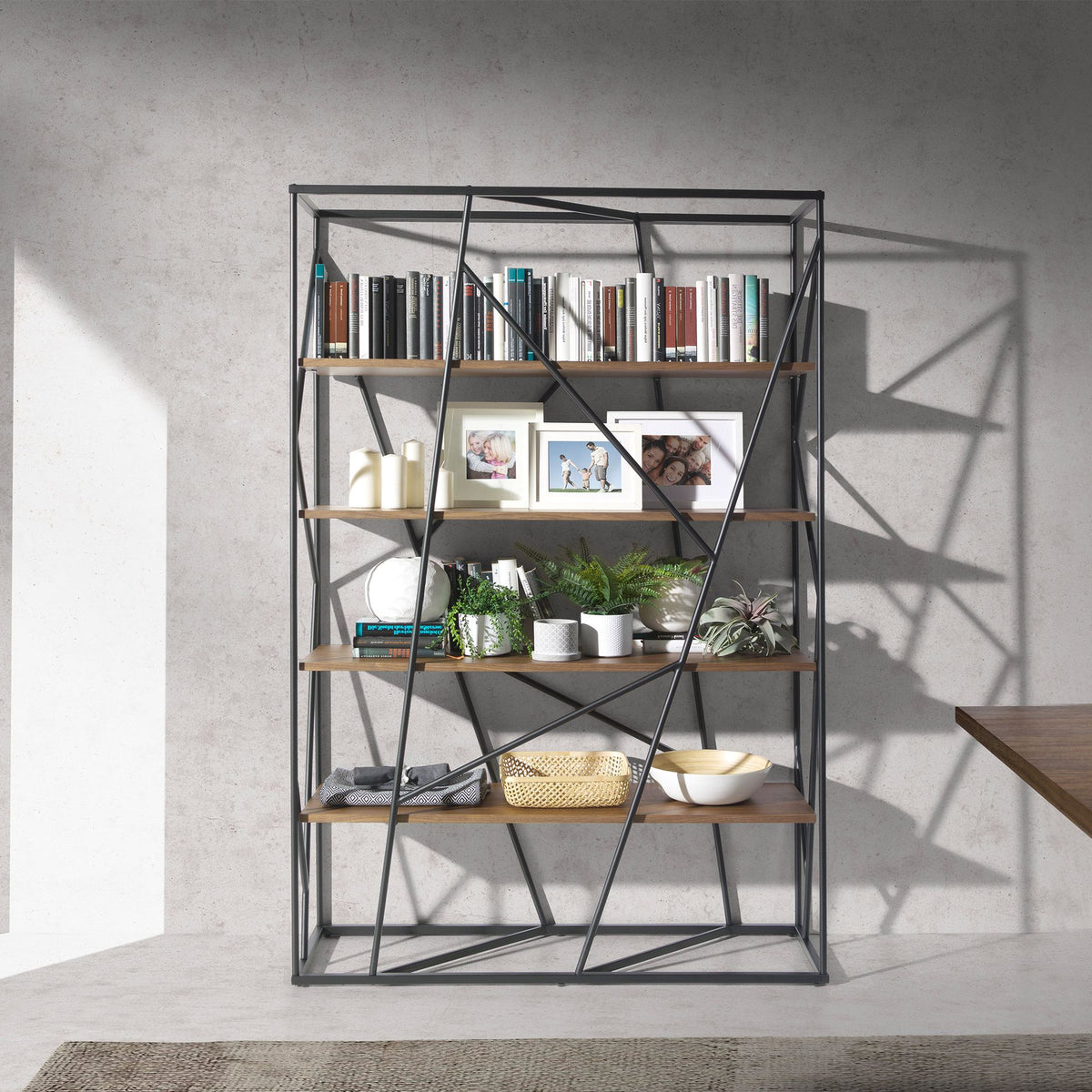 Walnut and black steel shelving