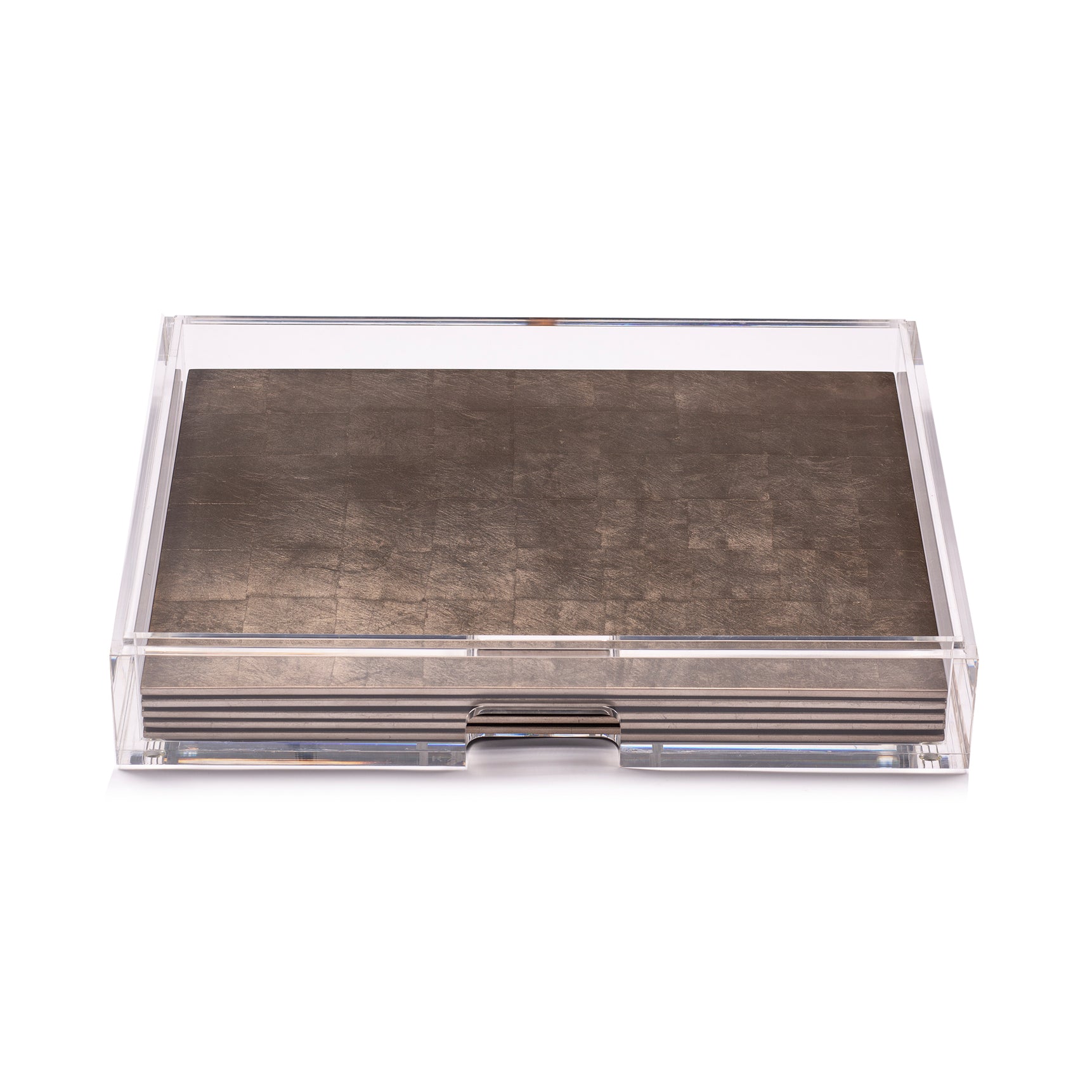 Clear acrylic card holder with a textured brown interior on a white background