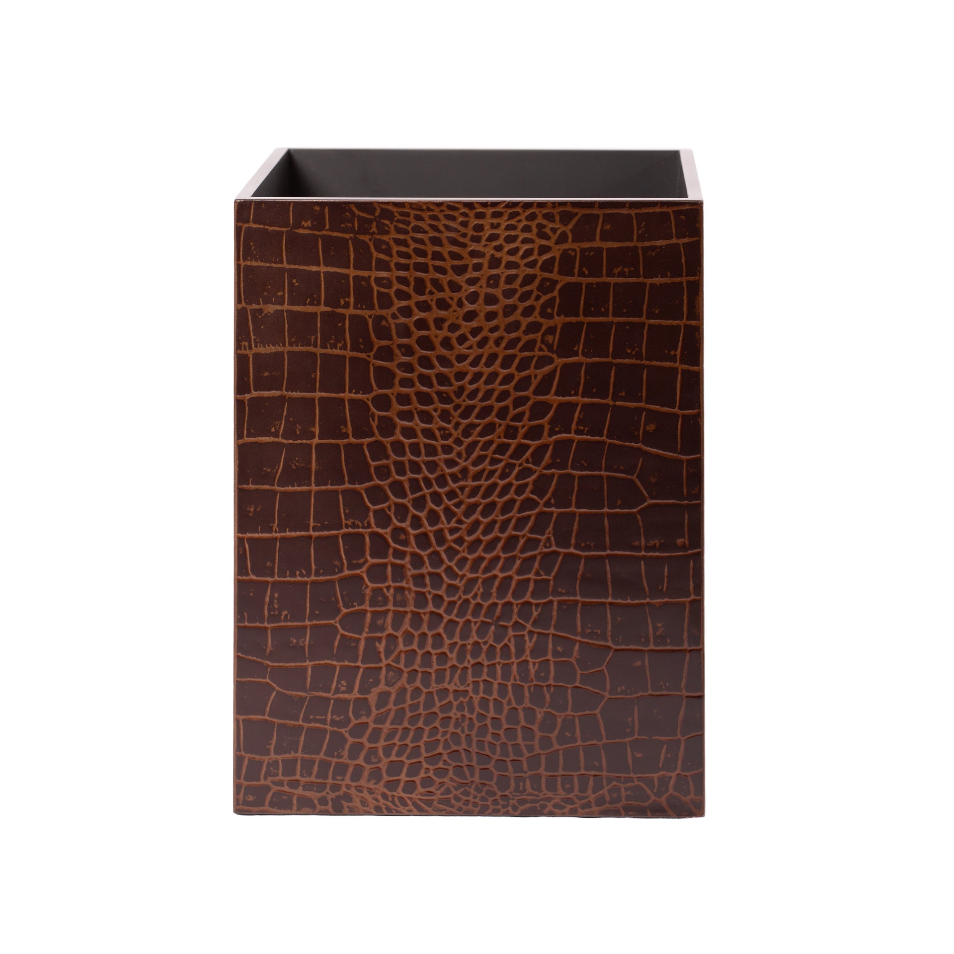 Brown crocodile patterned square container on a white background