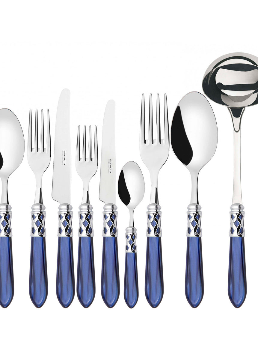 طقم ملاعق وشوك وسكاكين ألادين بحلقة كروم – 75 قطعة – لون أزرق لؤلؤي – صندوق خشب وينجي