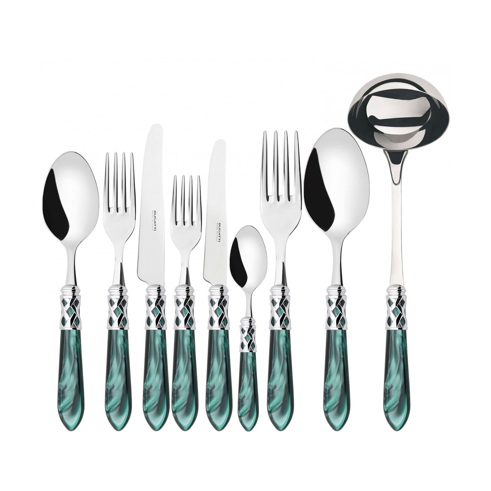 Aladdin Chromed Ring Cutlery Set – 75 Pieces – Nacreous Green – Wengé Wood Box by Bugatti Italy - Set View