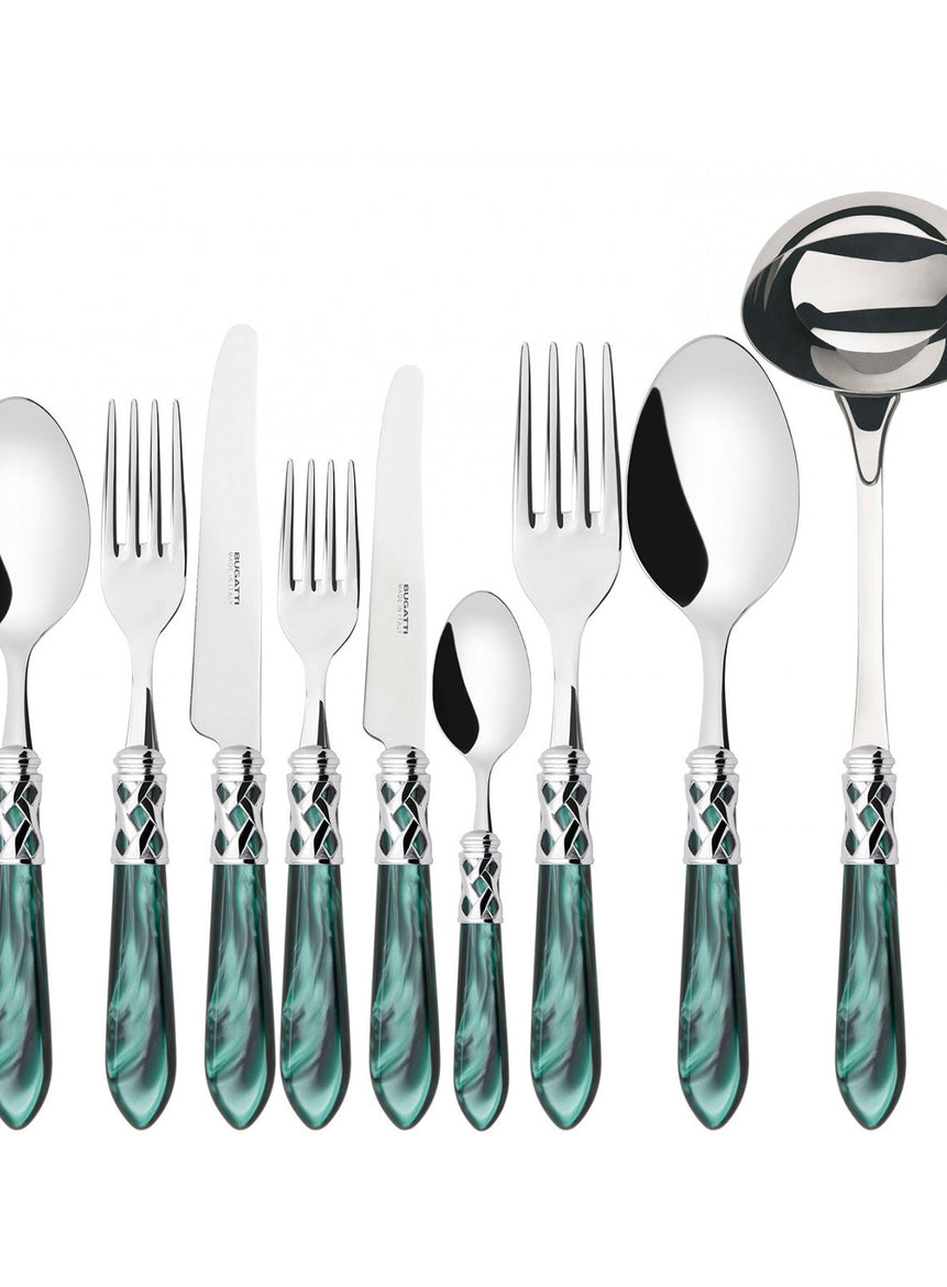 طقم ملاعق وشوك وسكاكين ألادين بحلقة كروم – 75 قطعة – لون أخضر لؤلؤي – صندوق خشب وينجي