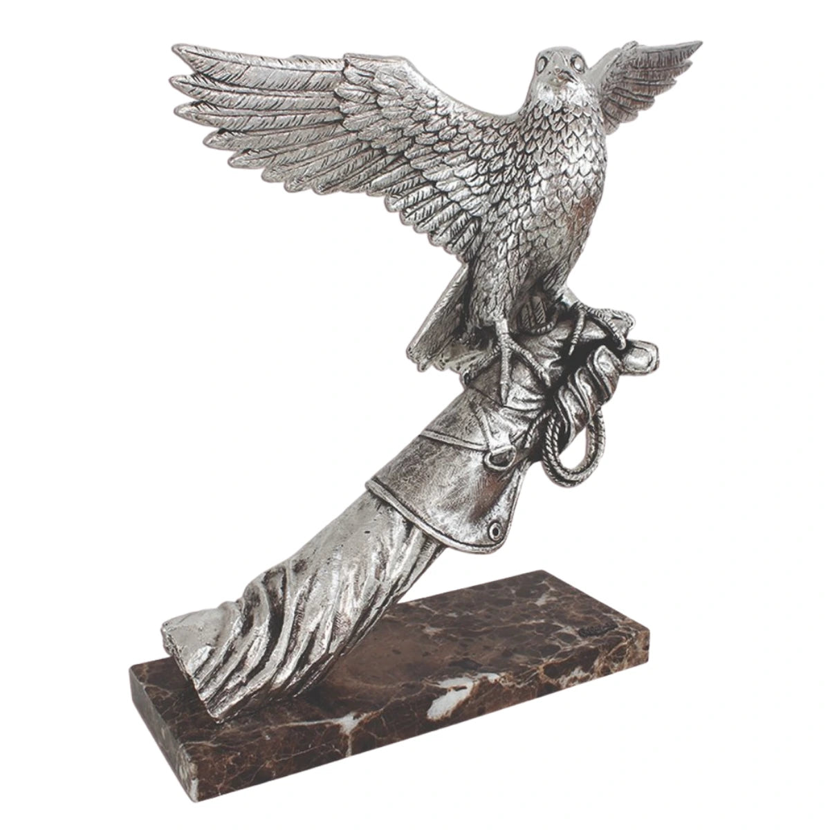 صقر فضي واقف على ذراع – تمثال فني فاخر