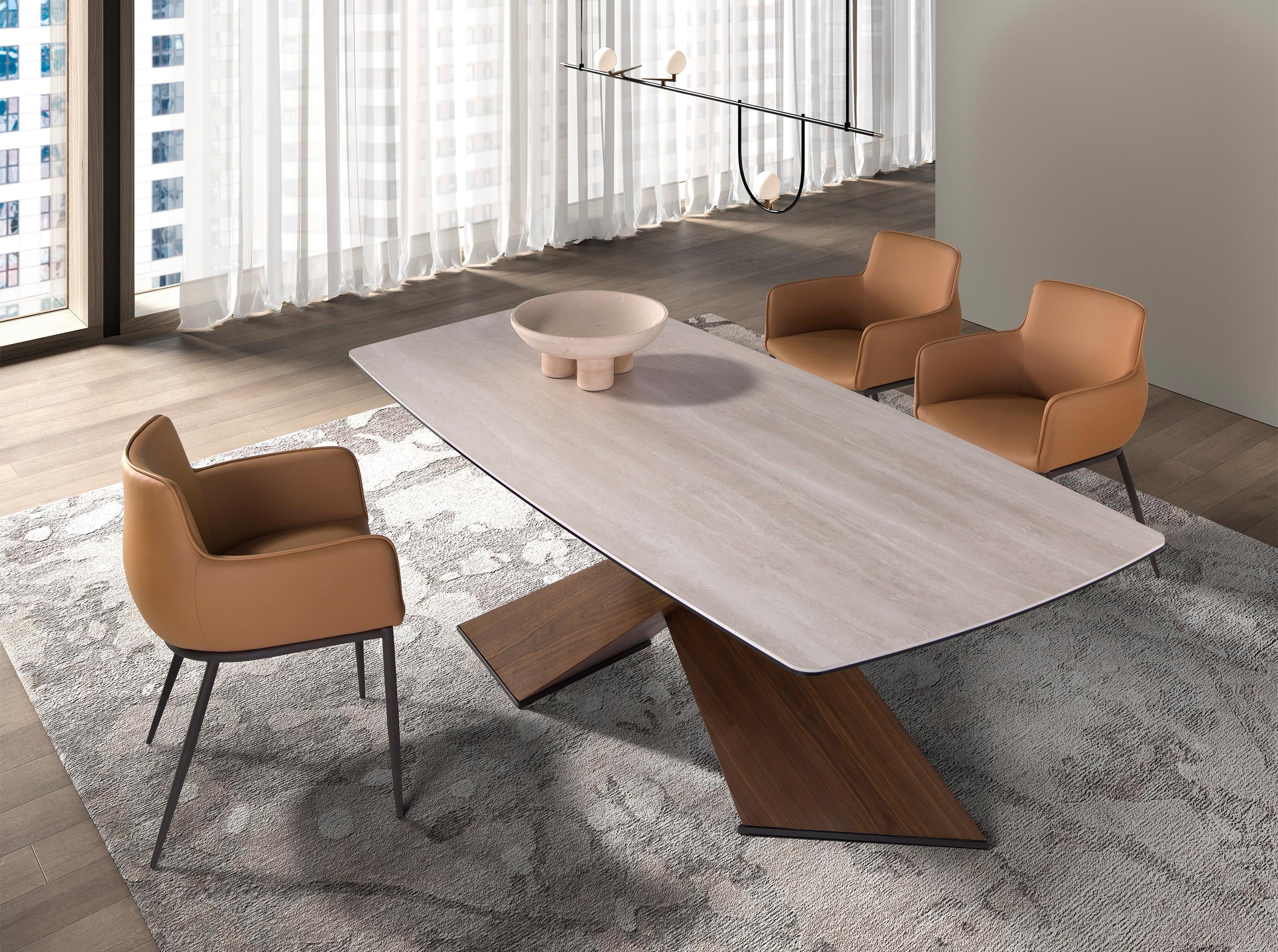 Oval dining table with barrel-shaped porcelain marble and walnut top