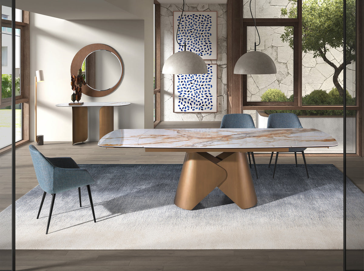 Oval barrel-shaped extendable dining table with porcelain marble top and bronze-coloured steel structure