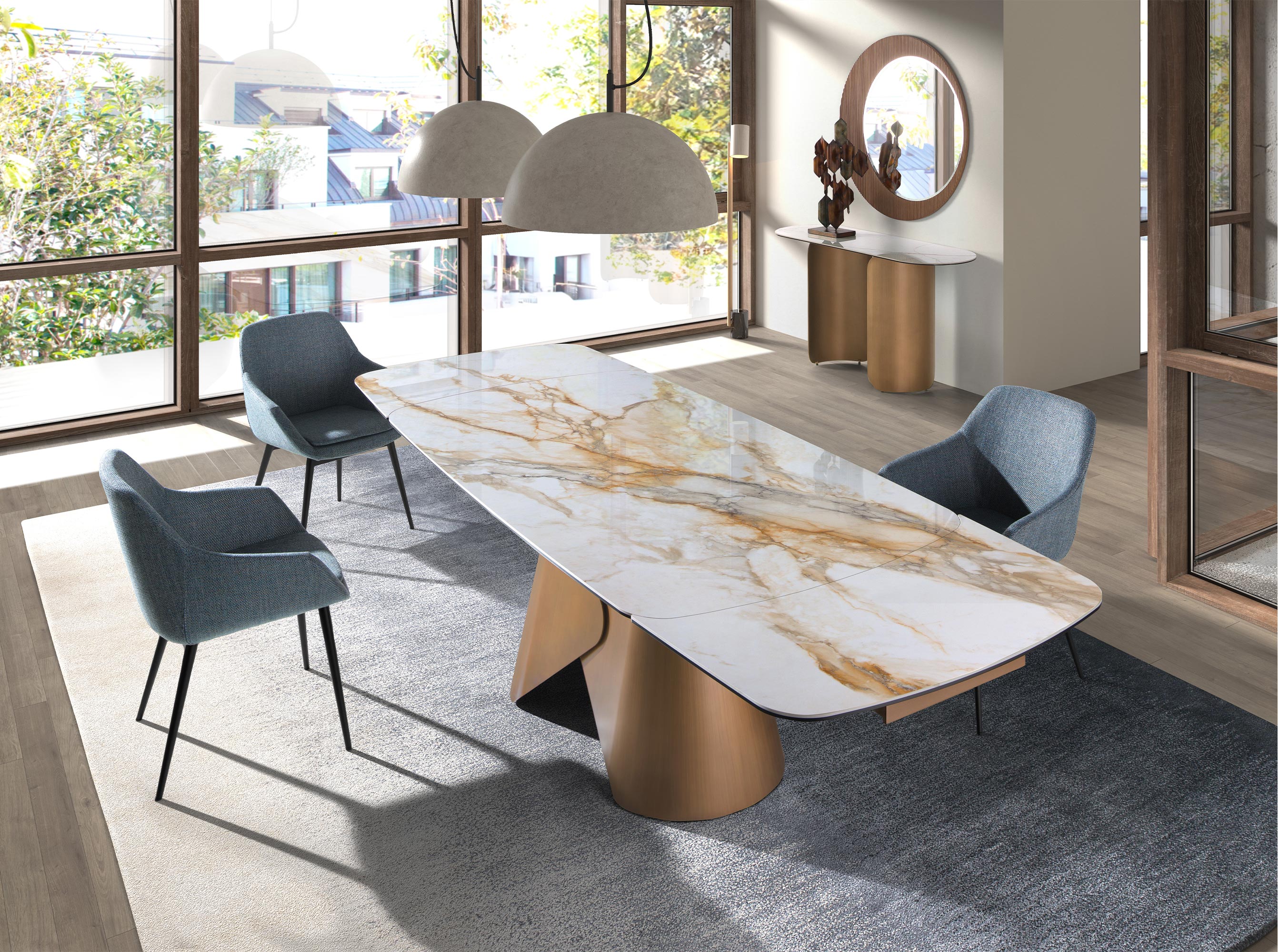 Oval barrel-shaped extendable dining table with porcelain marble top and bronze-coloured steel structure