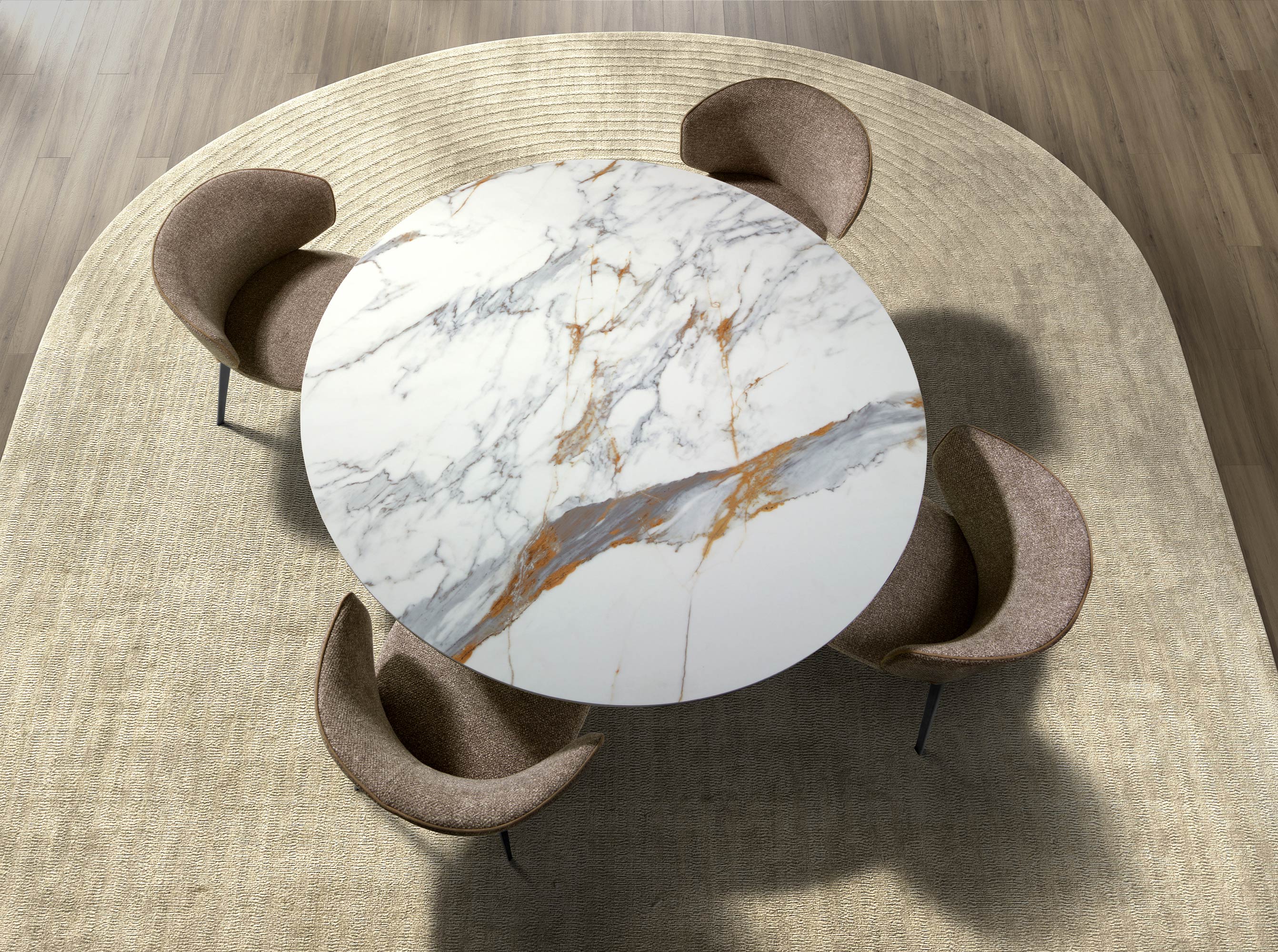 Round dining table with porcelain marble top and bronze-colored steel base