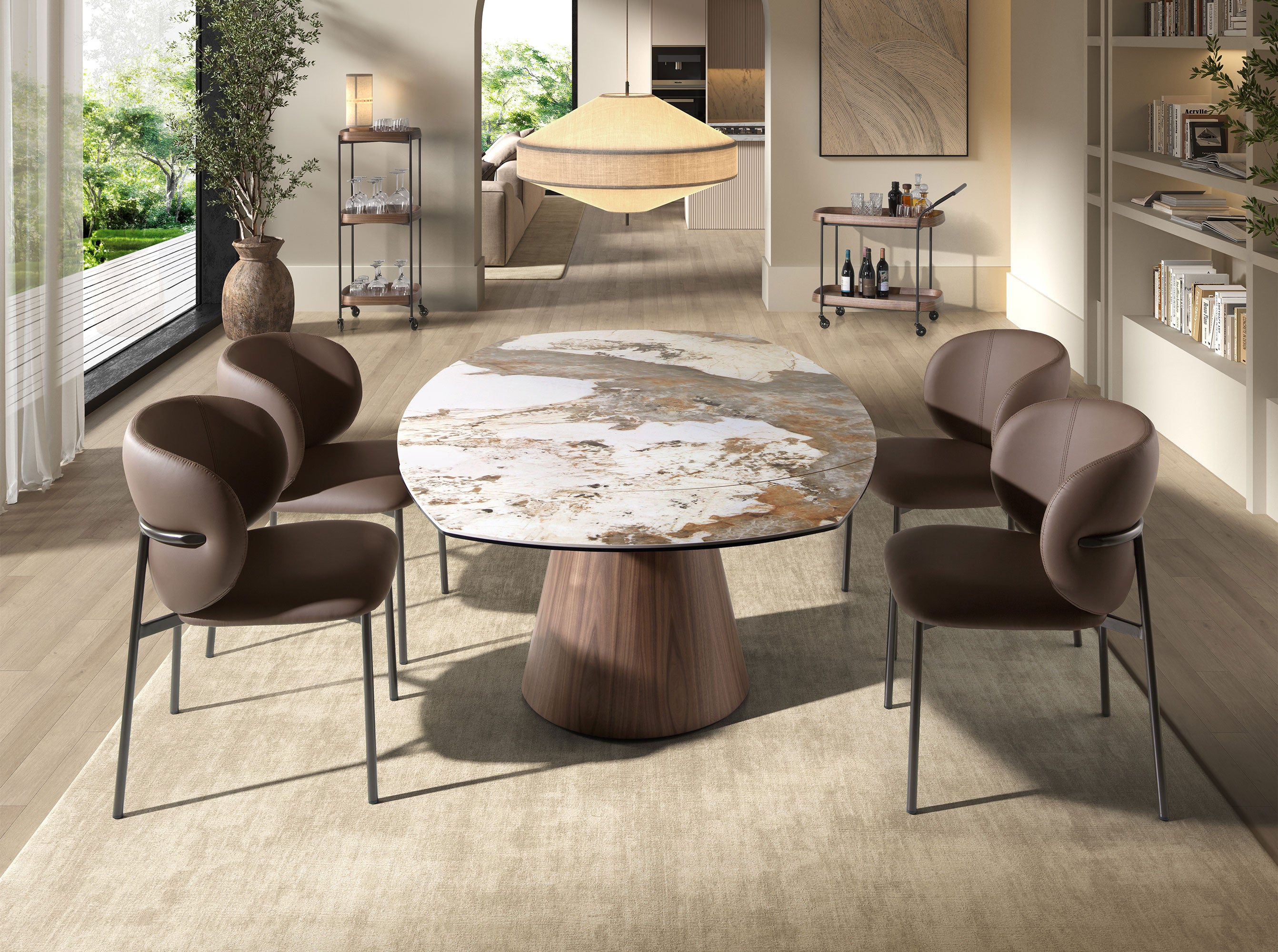 Oval barrel-shaped extendable dining table with porcelain marble top and walnut wood