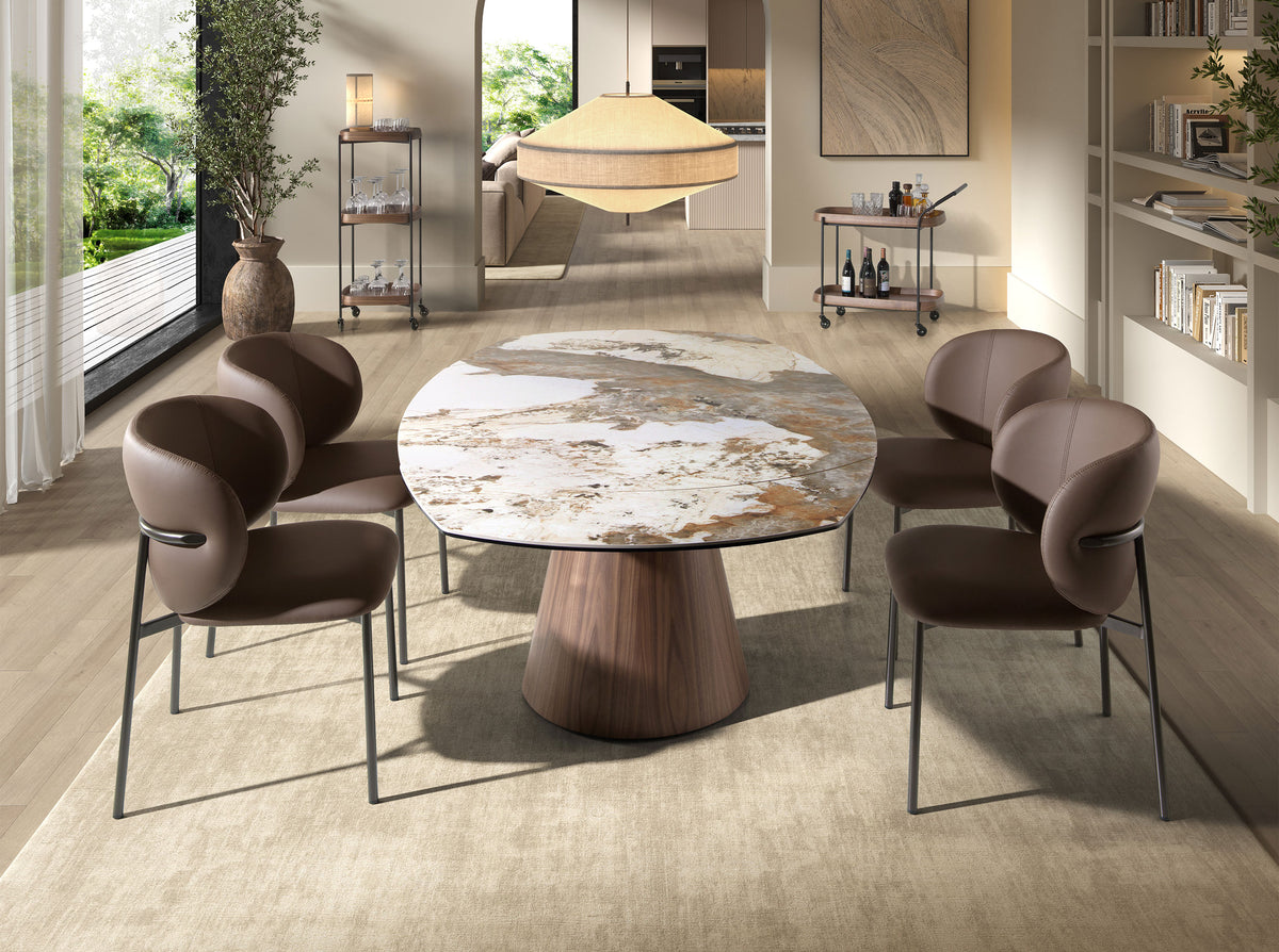 Oval barrel-shaped extendable dining table with porcelain marble top and walnut wood
