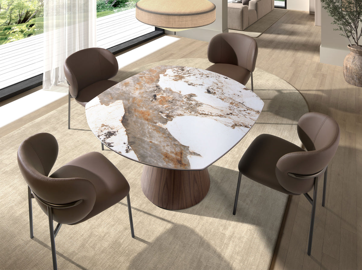 Oval barrel-shaped extendable dining table with porcelain marble top and walnut wood